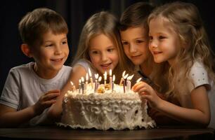 ai generiert Gruppe von Kinder Putten Kerzen auf ein Kuchen foto