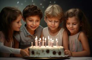 ai generiert Gruppe von Kinder Putten Kerzen auf ein Kuchen foto