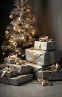 ai generiert Verpackung Geschenke um ein Weihnachten Baum foto