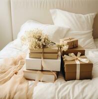 ai generiert vier Geschenk Kisten und Kisten auf ein Bett mit Blumen und Ornamente, foto