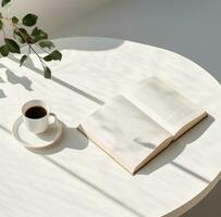 ai generiert Kaffee und ein Buch auf ein Weiß Tabelle foto