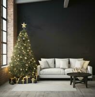 ai generiert Weihnachten Baum im ein Zimmer mit ein Weiß Couch foto