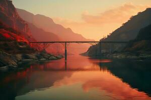 ai generiert ein schön Landschaft mit ein Fluss, Berge, Bäume, und Felsen. das Gemälde ist erledigt im ein realistisch Stil mit ein Fokus auf das Farben und das Reflexionen im das Wasser foto