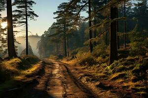 ai generiert ein Schmutz Straße Winde durch ein üppig Wald beim Sonnenuntergang. das golden Licht Filter durch das Bäume, Gießen lange Schatten auf das Boden. foto