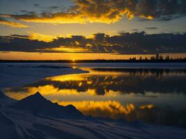 ai generiert ein Bild von ein beschwingt Sonnenuntergang Über ein heiter See, mit bunt Reflexionen schimmernd auf das Wasser mit Schnee foto