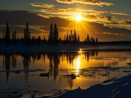 ai generiert ein Bild von ein beschwingt Sonnenuntergang Über ein heiter See, mit bunt Reflexionen schimmernd auf das Wasser mit Schnee foto
