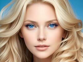 ai generiert ein Frau mit wellig glänzend Haar und atemberaubend Blau Augen ai generieren foto