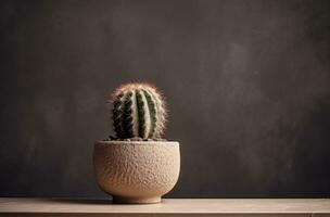 ai generiert Kaktus im neutral getönt Zement Topf, auf hölzern Tabelle foto