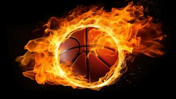 ai generiert ein Basketball Ball auf Feuer, Darstellen Leidenschaft und Energie, großartig zum kreativ oder dramatisch Designs foto