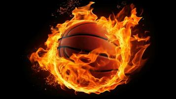 ai generiert ein Basketball Ball auf Feuer, Darstellen Leidenschaft und Energie, großartig zum kreativ oder dramatisch Designs foto