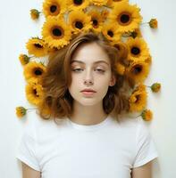 ai generiert ein jung Mädchen bedeckt mit Sonnenblumen mit Weiß Hintergrund Startseite foto