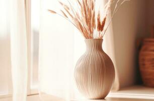 ai generiert ein Terrakotta Vase mit getrocknet Gras Nächster zu es foto