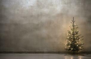 ai generiert ein klein Weihnachten Baum mit Beleuchtung im Vorderseite von ein hässlich Beton Wand, foto