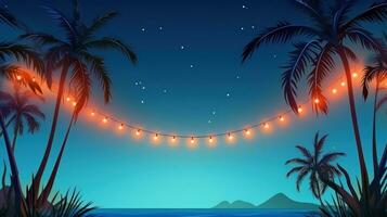 ai generiert Sommer- Nacht Party Strand Palmen mit Licht Birne Girlanden. groß Copyspace Bereich, nicht zentriert Komposition foto