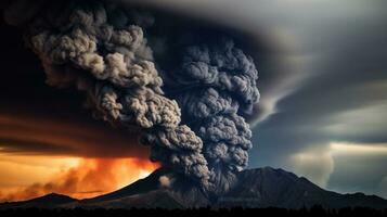 ai generiert bedrohlich Wolken von Rauch und Asche Das Woge aus von ein Vulkan während ein Eruption foto