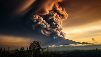 ai generiert bedrohlich Wolken von Rauch und Asche Das Woge aus von ein Vulkan während ein Eruption foto