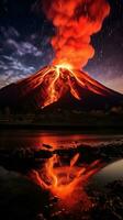 ai generiert ein Vulkan Beleuchtung oben das Nacht Himmel mit es ist feurig glühen Das Vitrinen das Schönheit von der Natur Leistung foto