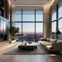 ai generiert ein hochmodern Penthouse mit Glas Wände, ein schwebend foto