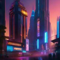 ai generiert ein futuristisch Cyberpunk-Thema Stadtbild mit Neon- Beleuchtung und foto