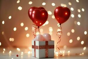 glücklich Valentinstag Tag Konzept mit rot Geschenk Box und Herz geformt Luftballons romantisch Banner Liebe Konzept durch ai generiert foto