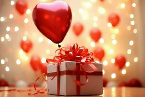 glücklich Valentinstag Tag Konzept mit rot Geschenk Box und Herz geformt Luftballons romantisch Banner Liebe Konzept durch ai generiert foto