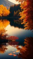 ai generiert ein realistisch Bild abbilden gefallen Blätter friedlich treibend im ein heiter See. foto