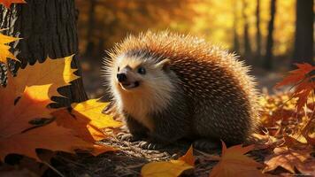 ai generiert ein bezaubernd Stachelschwein im das Mitte von ein malerisch Herbst Wald. foto