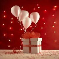 glücklich Valentinstag Tag Konzept mit rot Geschenk Box und Herz geformt Luftballons romantisch Banner Liebe Konzept durch ai generiert foto