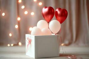 glücklich Valentinstag Tag Konzept mit rot Geschenk Box und Herz geformt Luftballons romantisch Banner Liebe Konzept durch ai generiert foto