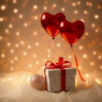 glücklich Valentinstag Tag Konzept mit rot Geschenk Box und Herz geformt Luftballons romantisch Banner Liebe Konzept durch ai generiert foto