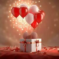 glücklich Valentinstag Tag Konzept mit rot Geschenk Box und Herz geformt Luftballons romantisch Banner Liebe Konzept durch ai generiert foto