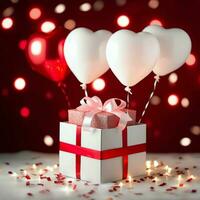 glücklich Valentinstag Tag Konzept mit rot Geschenk Box und Herz geformt Luftballons romantisch Banner Liebe Konzept durch ai generiert foto