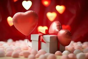 glücklich Valentinstag Tag Konzept mit rot Geschenk Box und Herz geformt Luftballons romantisch Banner Liebe Konzept durch ai generiert foto