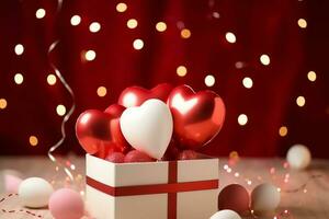 glücklich Valentinstag Tag Konzept mit rot Geschenk Box und Herz geformt Luftballons romantisch Banner Liebe Konzept durch ai generiert foto