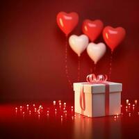 glücklich Valentinstag Tag Konzept mit rot Geschenk Box und Herz geformt Luftballons romantisch Banner Liebe Konzept durch ai generiert foto