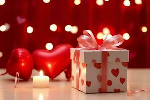 glücklich Valentinstag Tag Konzept mit rot Geschenk Box und Herz geformt Luftballons romantisch Banner Liebe Konzept durch ai generiert foto