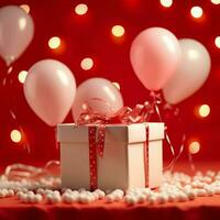 glücklich Valentinstag Tag Konzept mit rot Geschenk Box und Herz geformt Luftballons romantisch Banner Liebe Konzept durch ai generiert foto