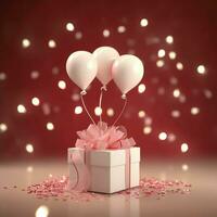 glücklich Valentinstag Tag Konzept mit rot Geschenk Box und Herz geformt Luftballons romantisch Banner Liebe Konzept durch ai generiert foto