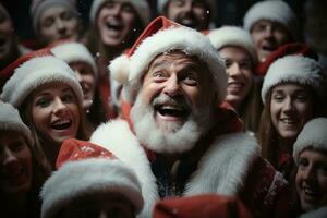 ai generiert Mann Santa claus führt ein herzerwärmend Chor von Weihnachtslieder im ein malerisch Stadt, Dorf Quadrat, Weihnachten Hintergrund foto