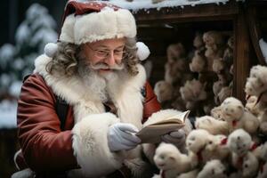 ai generiert Santa claus liest herzerwärmend Mitteilungen von Kinder auf ein schneebedeckt Park Bank, Weihnachten Hintergrund foto