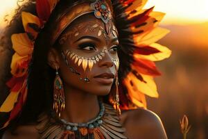 ai generiert ein Frau mit Karneval Maske umgeben durch Sonnenblumen beim Sonnenuntergang, bunt Karneval Bilder foto