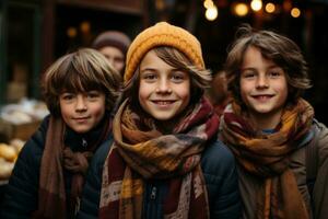 ai generiert Jungs im gemütlich Schals erkunden Winter Farmer Markt, Hygge Konzept foto