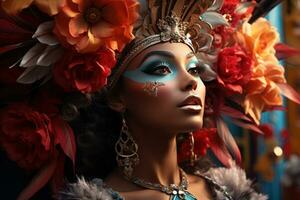 ai generiert Karneval Wunderland Frau enthüllt versteckt Paradies, festlich Karneval Fotos