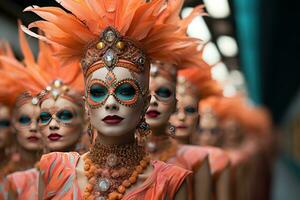 ai generiert Karneval Masken auf hoch Mode Runway, festlich Karneval Fotos