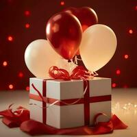 glücklich Valentinstag Tag Konzept mit rot Geschenk Box und Herz geformt Luftballons romantisch Banner Liebe Konzept durch ai generiert foto