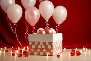 glücklich Valentinstag Tag Konzept mit rot Geschenk Box und Herz geformt Luftballons romantisch Banner Liebe Konzept durch ai generiert foto