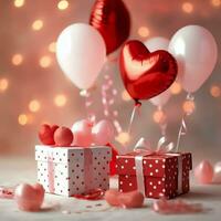 glücklich Valentinstag Tag Konzept mit rot Geschenk Box und Herz geformt Luftballons romantisch Banner Liebe Konzept durch ai generiert foto