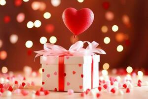 glücklich Valentinstag Tag Konzept mit rot Geschenk Box und Herz geformt Luftballons romantisch Banner Liebe Konzept durch ai generiert foto