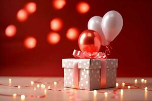 glücklich Valentinstag Tag Konzept mit rot Geschenk Box und Herz geformt Luftballons romantisch Banner Liebe Konzept durch ai generiert foto