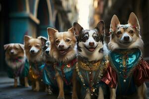 ai generiert Karneval Parade Hunde im venezianisch thematisch Outfits auf das Marsch, festlich Karneval Fotos